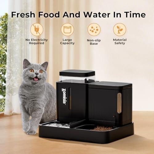         Automatic Cat Feeder and Water Dispenser Set, 2 in 1 Gravity Cat Food Dispenser with 180 Degree Rotatable, Pet Self Feeding Large Capacity for Small Dogs Puppy Kitten, Black, 0.8 Gallon x 2       